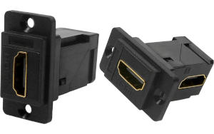 HDMI female to female slim plastic front or rear mounting right-angled feedthrough connector CP30753.