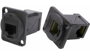 Unshielded Cat.5e RJ45 black plastic right-angled feedthrough connector CP30251.