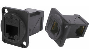 Unshielded Cat.6 RJ45 black plastic right-angled feedthrough connector CP30252.