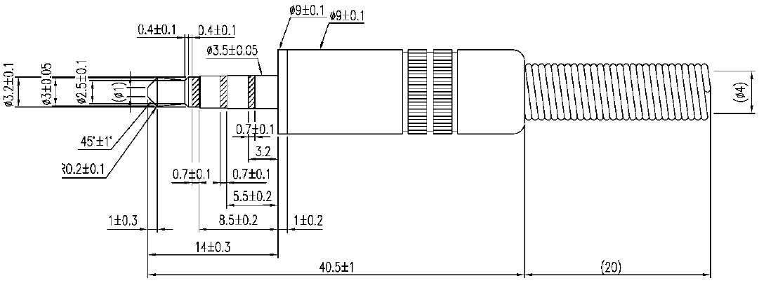 RFI shielded, 3.5mm, 4 pole jack plug drawing