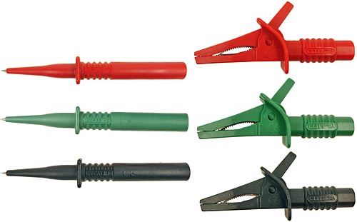 Set of three probes and crocodile clips in red, green and black