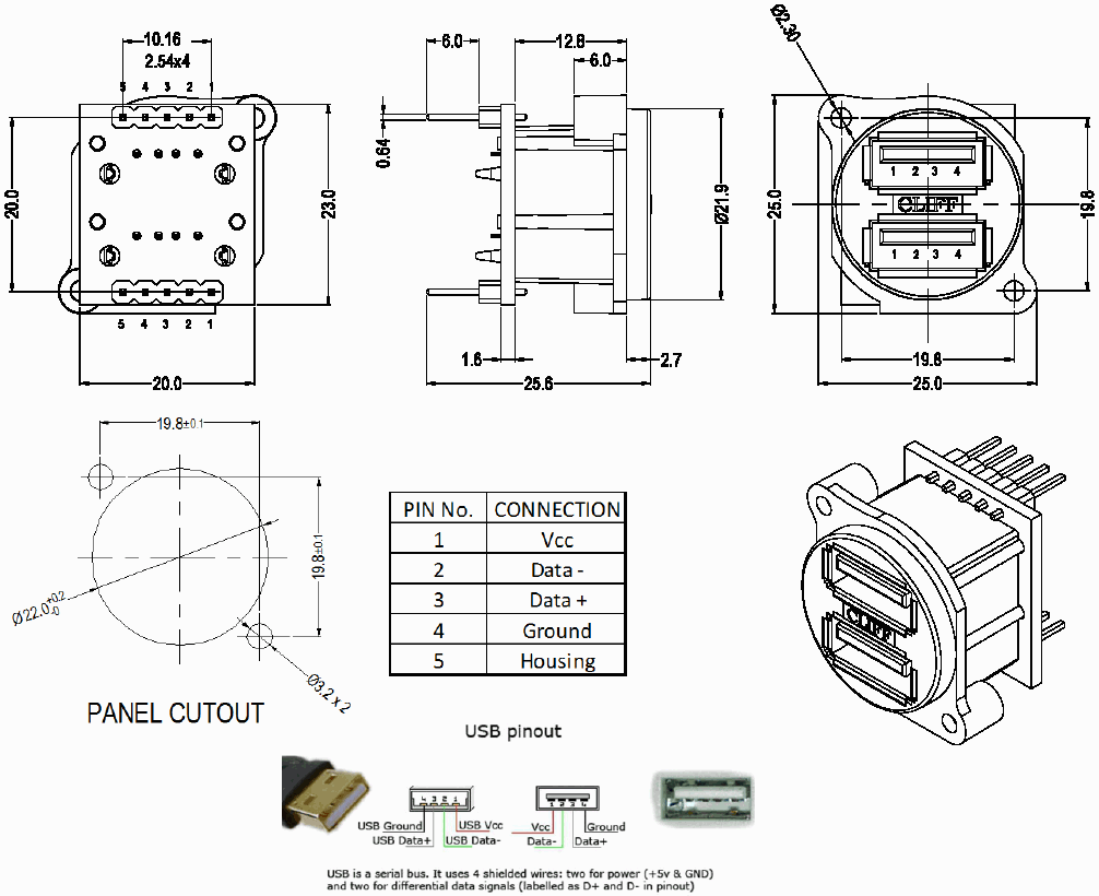Dual USB Socket in XLR Shell - diagram